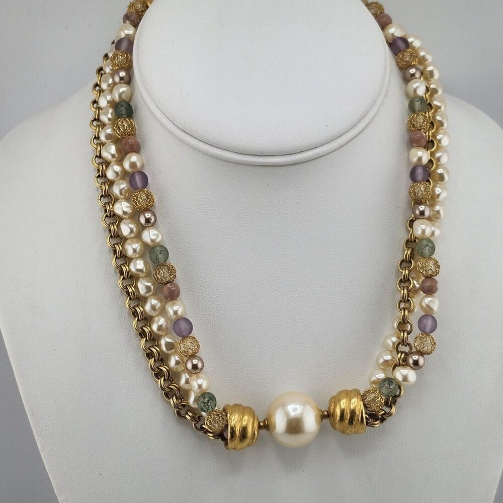 Vintage Liz Claiborne Multistrand Faux Pearl Gold Tone Pastel Beaded‎ Necklace